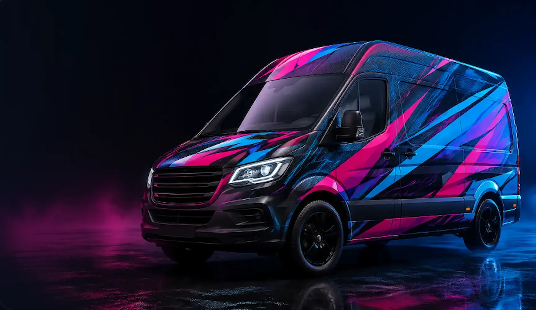 Commercial cargo van with a modern magenta, cyan and blue vehicle wrap