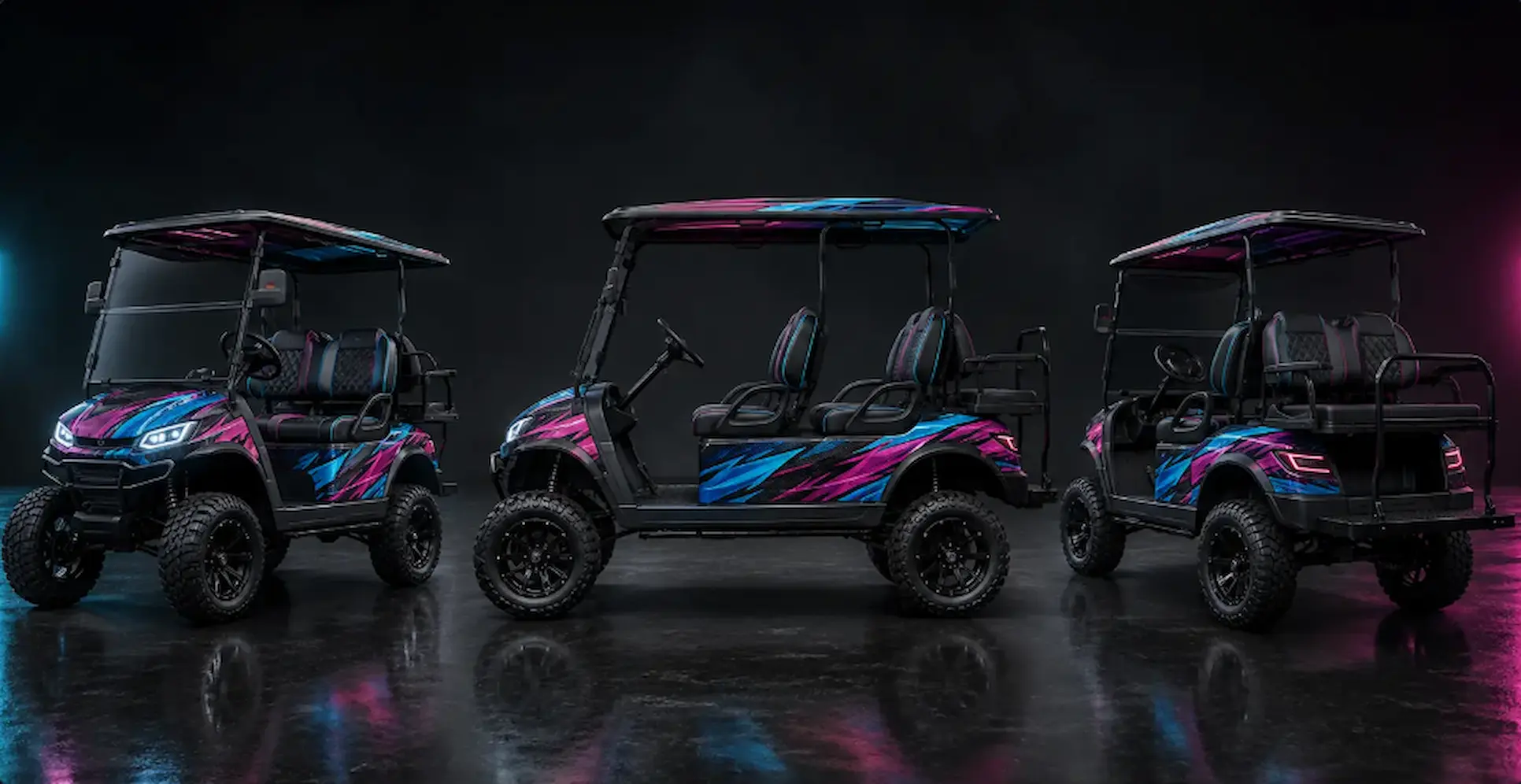 The same custom wrapped golf cart shown from front, side and rear angles